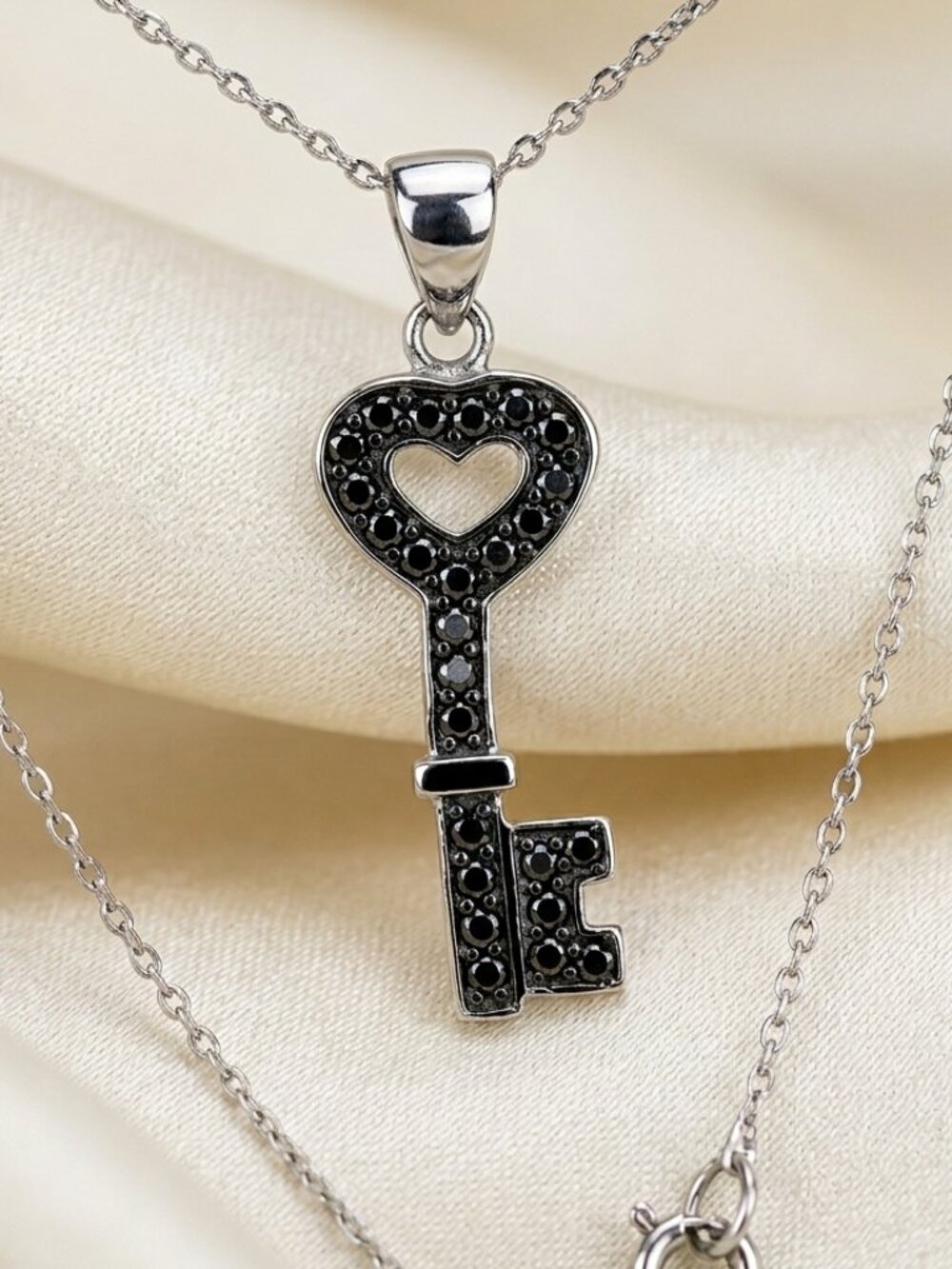 🖤 Italian Sterling Silver Pave Black CZ Key To My Heart Necklace